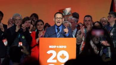 Avi Lewis addresses supporters after being elected leader of Canada’s New Democratic Party at a convention in Winnipeg