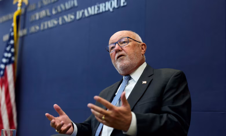 U.S. Ambassador to Canada Pete Hoekstra speaks with journalists in Ottawa, reiterating his objections to a Globe and Mail column that he says unfairly disparaged American athletes.