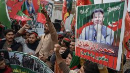 Supporters of Pakistan Tehreek-e-Insaf (PTI) at a protest demanding the release of the party's leader Imran Khan, in Peshawar on January 28, 2024.