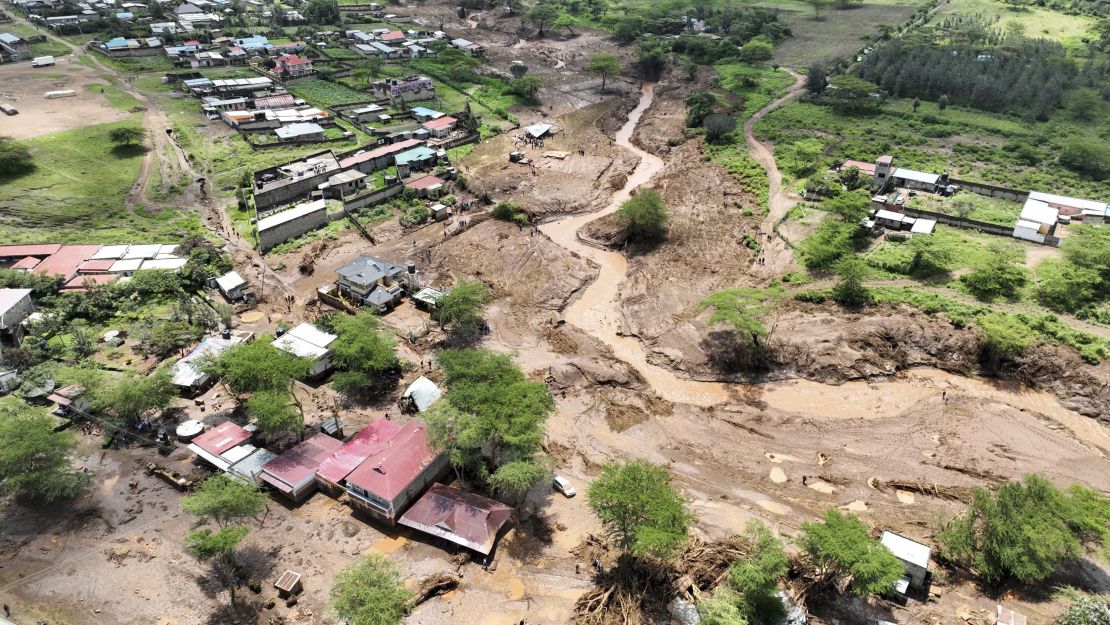 A drone view shows damaged houses after heavy flash floods wiped out several homes when a dam burst, following heavy rains in Kamuchiri village of Mai Mahiu, Nakuru County, Kenya on April 29, 2024.
