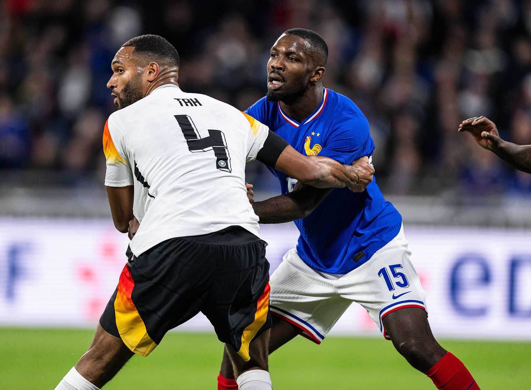 Jonathan Tah, who plays for Germany, is seen in the jersey during a friendly match with France in March.