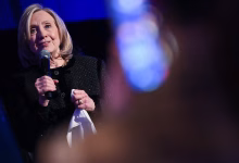 Hillary Clinton speaks at the Cinema for Peace and Democracy gala in Berlin, Germany, on 16 February 2026. Photograph: Britta Pedersen/dpa via AP