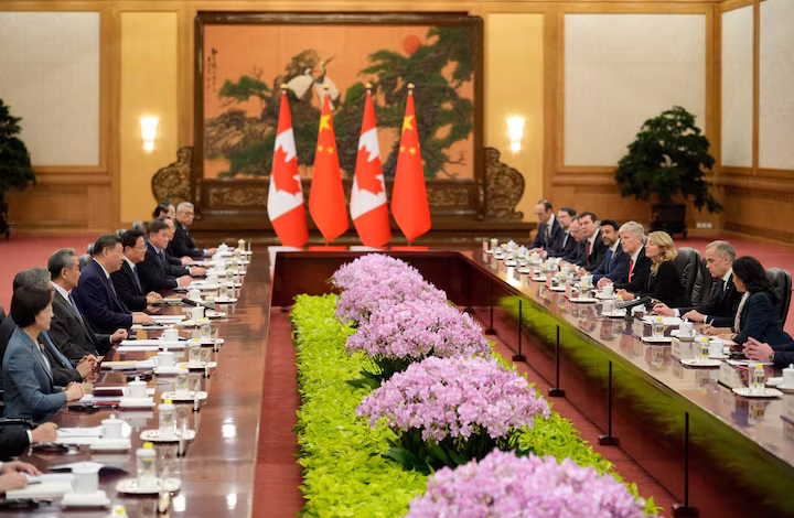 Chinese President Xi Jinping meets with Canada's Prime Minister Mark Carney, at the Great Hall of the People in Beijing, China