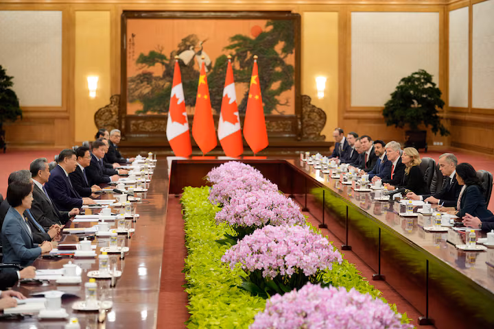 Chinese President Xi Jinping meets with Canada's Prime Minister Mark Carney, at the Great Hall of the People in Beijing, China