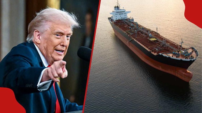 US President Donald Trump and picture of an oil tanker used for illustration. Photo: Kenny Holston/Dmitri Toms. Source: Getty Images