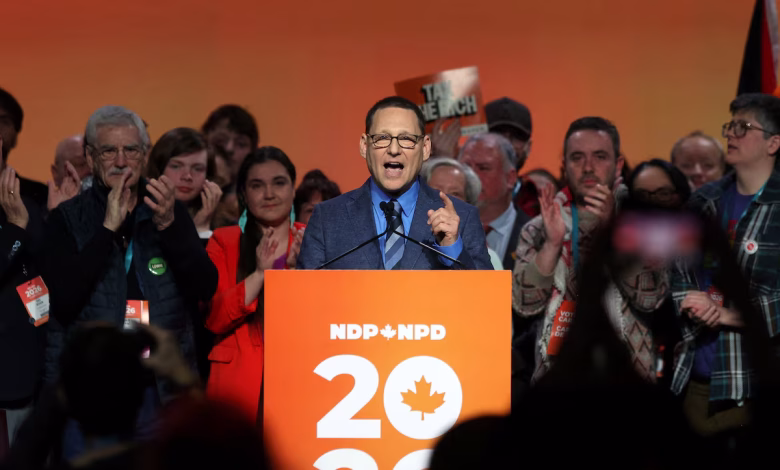 Avi Lewis addresses supporters after being elected leader of Canada’s New Democratic Party at a convention in Winnipeg