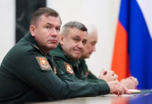 Denis Lyamin, newly appointed head of Russia's Unmanned Systems Forces, Valery Solodchuk, newly appointed head of the Logistics Service, and Defence Minister Andrei Belousov attend a meeting of Russian President Vladimir Putin with the leadership of the Defence Ministry, at the Kremlin in Moscow, Russia August 5, 2026